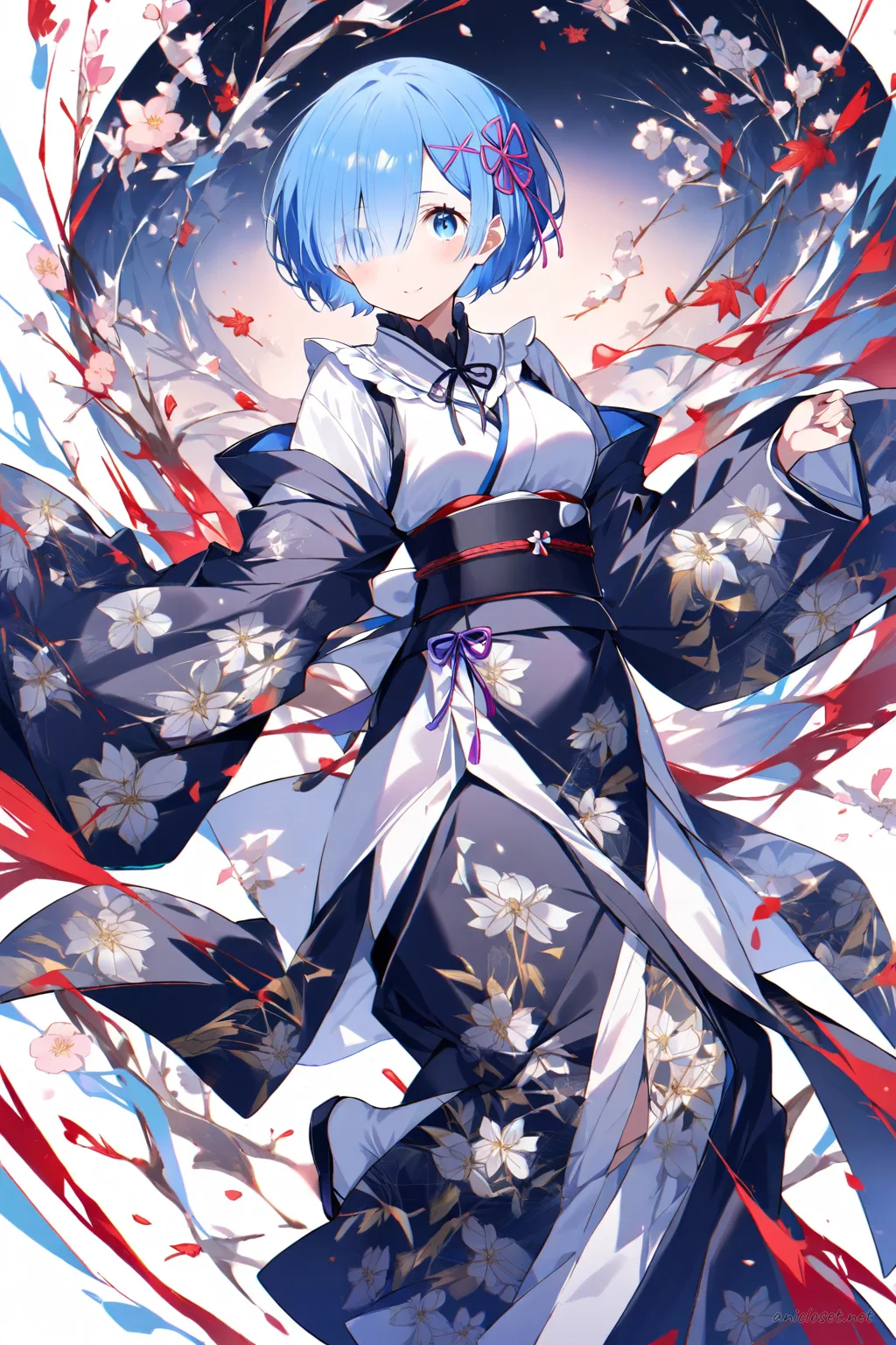 Full-body illustration of Rem from Re:Zero wearing a dark navy kimono with silver floral patterns, black obi belt, and black zori sandals, standing against a clean studio backdrop
