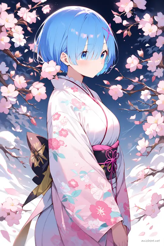 Illustration of Rem from Re:Zero wearing a pastel pink kimono with soft spring floral patterns, light obi sash, and delicate accessories in a knee-up half-body pose under soft studio lighting