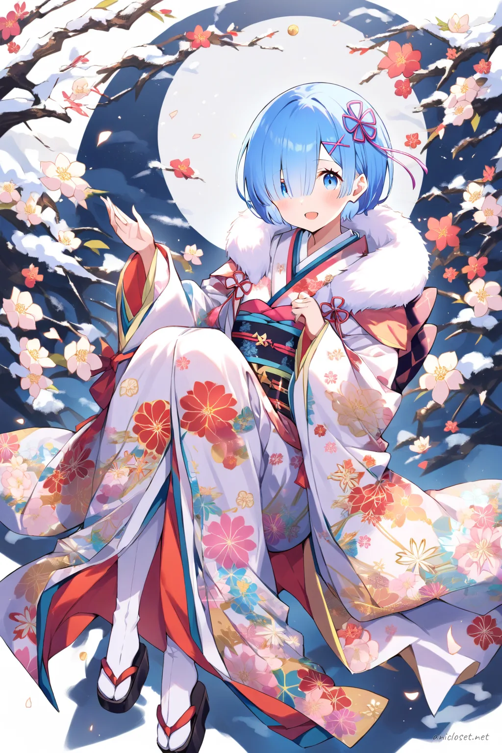 Full-body illustration of Rem from Re:Zero wearing a winter kimono layered with a haori coat, fur collar, and obi belt, standing against a clean studio backdrop with tabi socks and zori sandals visible