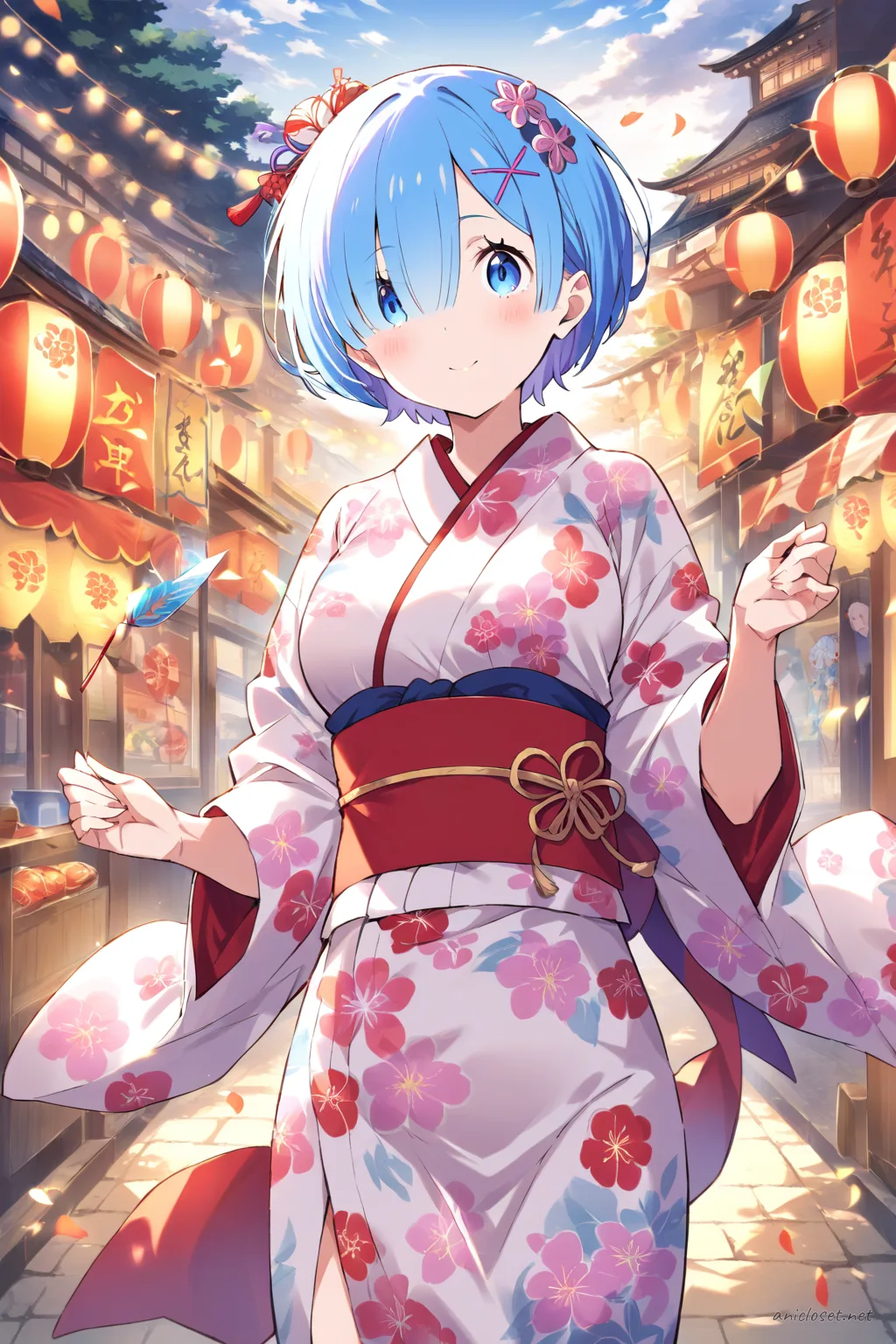 Half-body illustration of Rem wearing a bright pink floral festival yukata with wide obi belt and red sash, accessorized with a festival hairpin and wrist fan, soft studio lighting