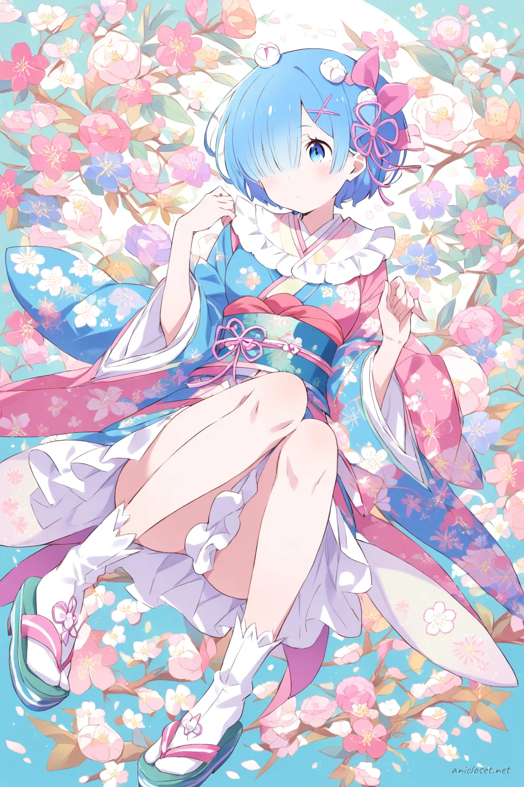 Full-body illustration of Rem wearing a modern pastel floral kimono with asymmetric obi, short sleeves, tabi socks, and zori sandals, standing in a clean studio setting