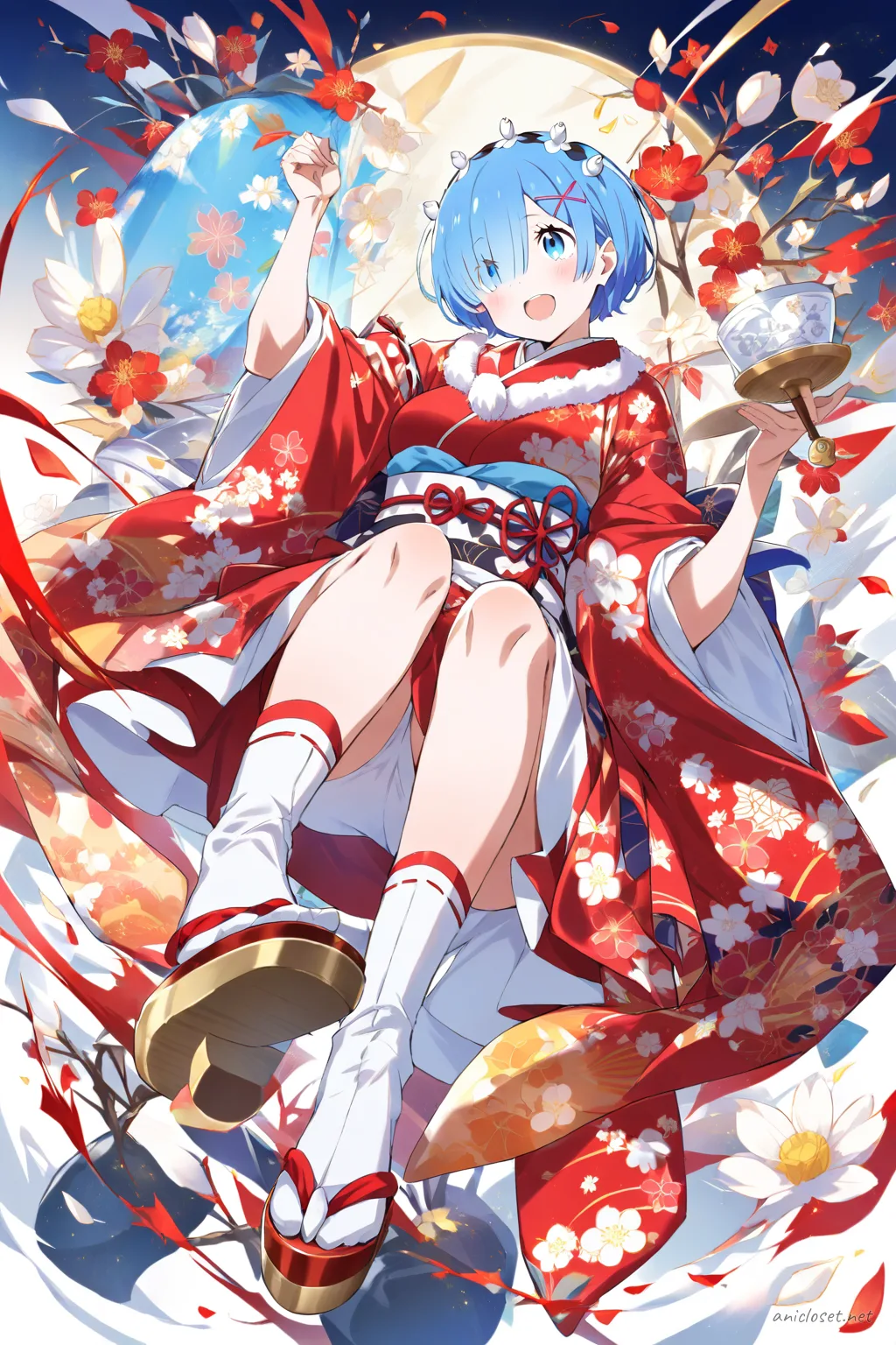 Full-body illustration of Rem wearing a red kimono with white floral patterns, white obi, red obiage and obijime, white tabi socks, red zori sandals, and a gold hairpin, standing against a clean studio backdrop
