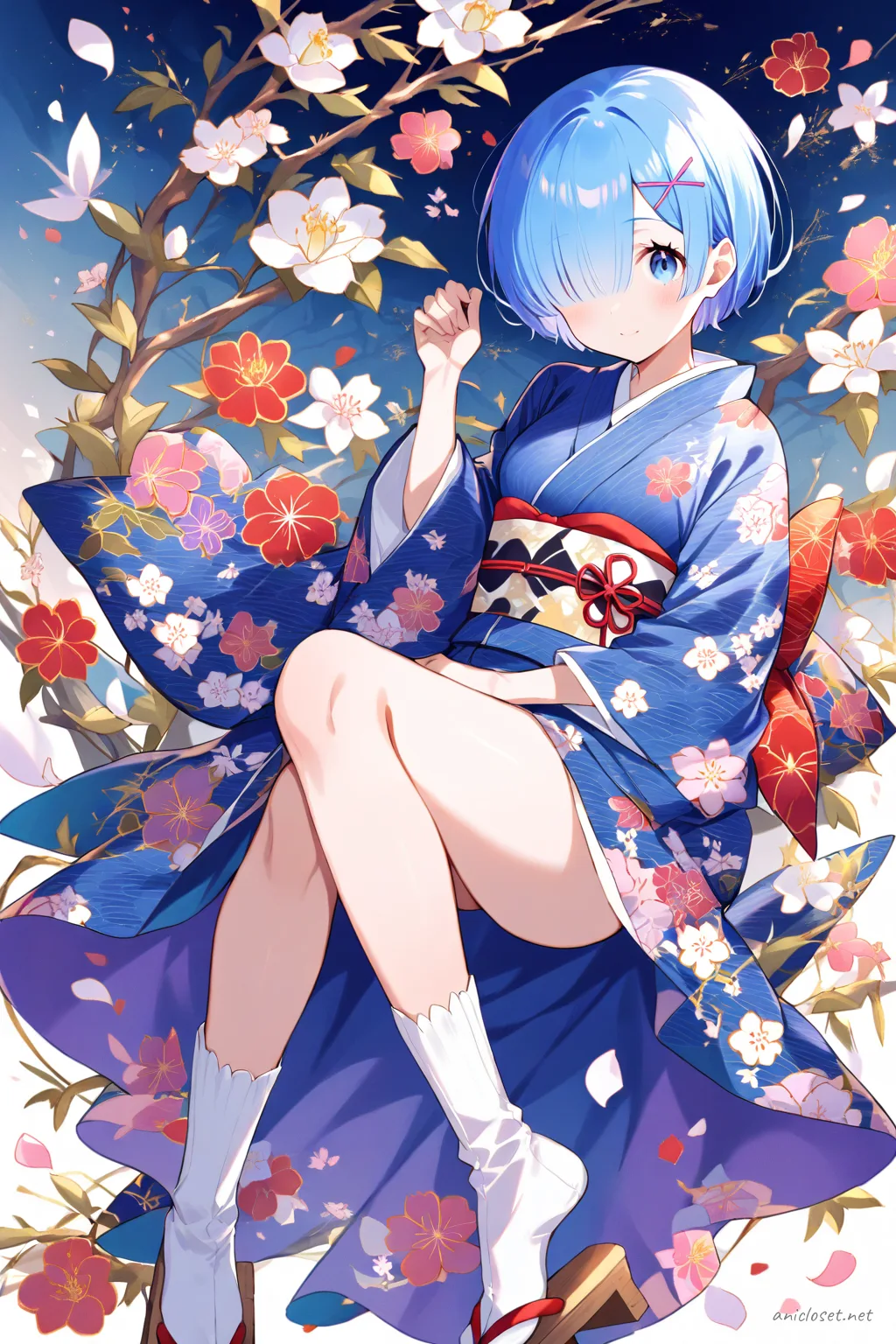 Full-body three-quarter view illustration of Rem wearing an indigo kasuri kimono with rustic texture, traditional obi belt, white tabi socks, and wooden geta sandals against a clean studio background