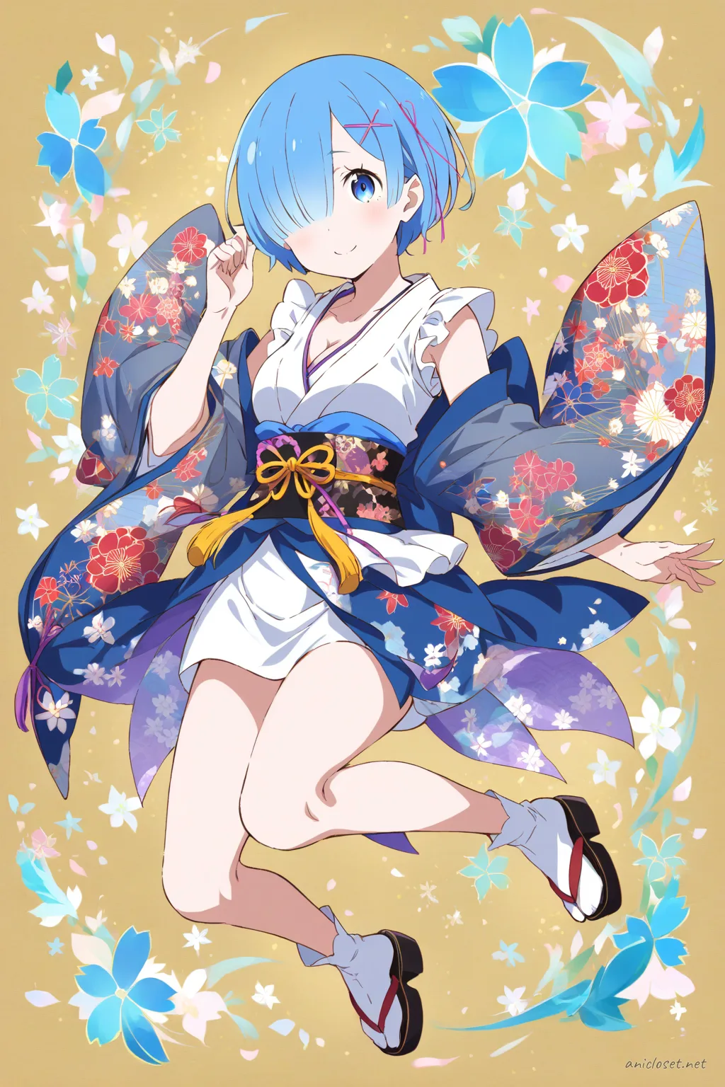 Full-body illustration of Rem from Re:Zero wearing a short modern kimono dress with floral pattern, sheer sleeves, wide obi belt, tabi socks, and zori sandals, standing against a clean studio backdrop