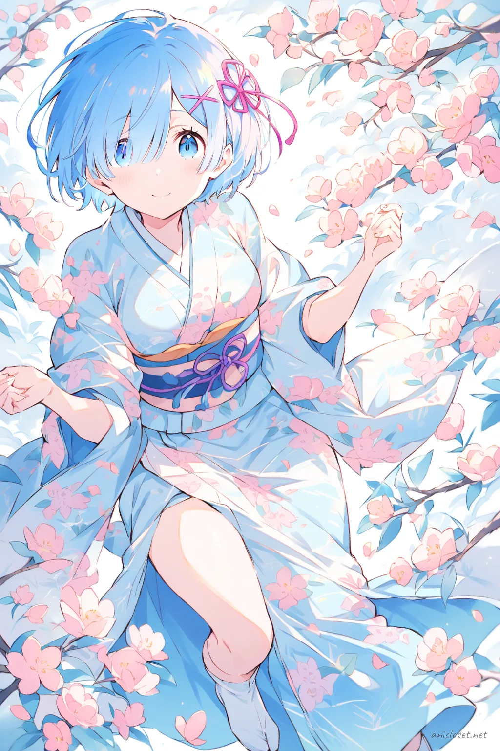 Full-body illustration of Rem from Re:Zero wearing a pastel blue soft kimono with subtle floral patterns, light beige obi, white tabi socks, and traditional zori sandals, standing against a clean studio backdrop