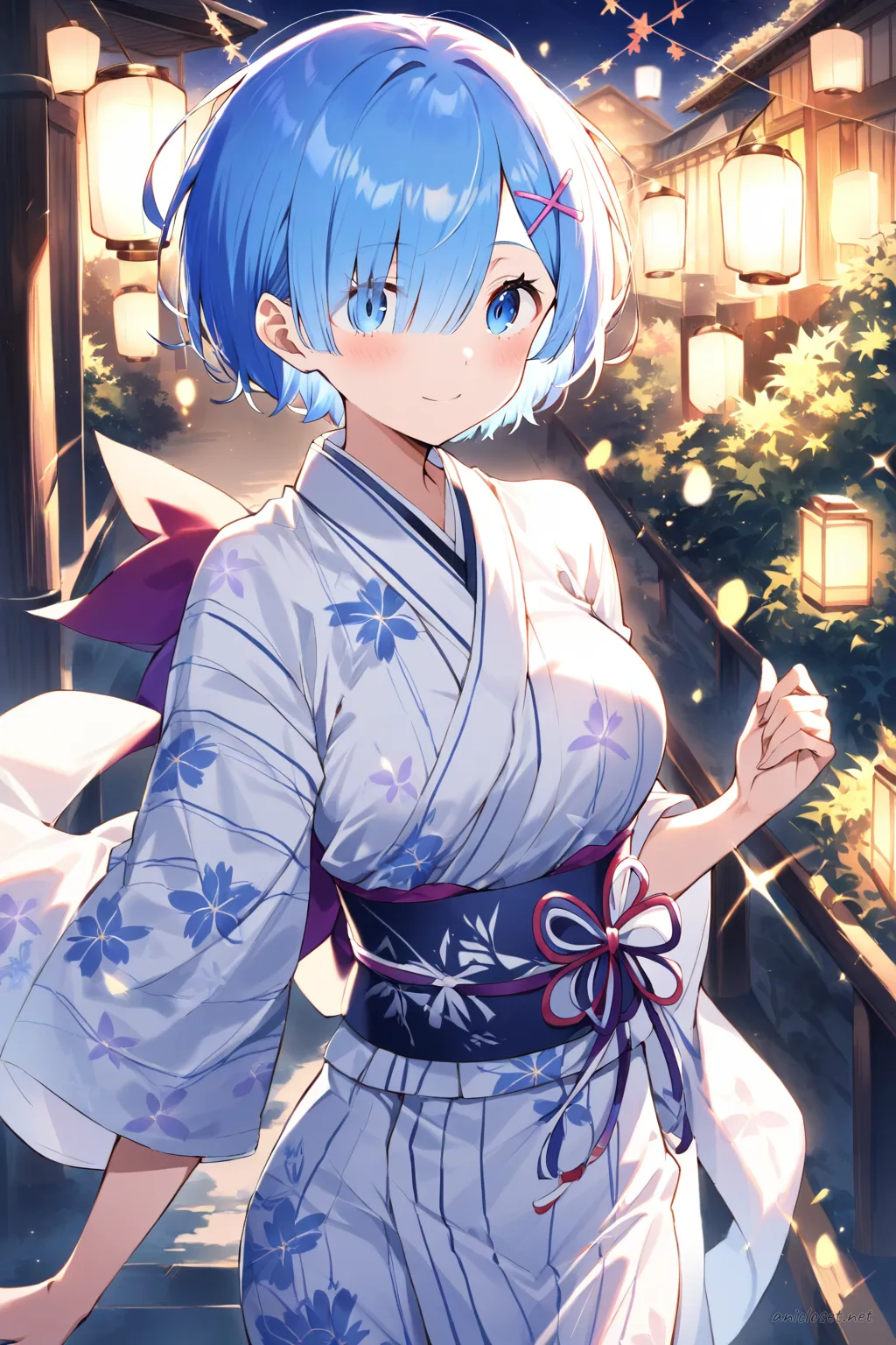Full-body three-quarter view of Rem wearing a dark blue night yukata with subtle floral pattern, silver-gray wide obi tied in a simple bow, white tabi socks, wooden geta sandals, holding a small paper lantern, set against a clean studio background with soft lighting