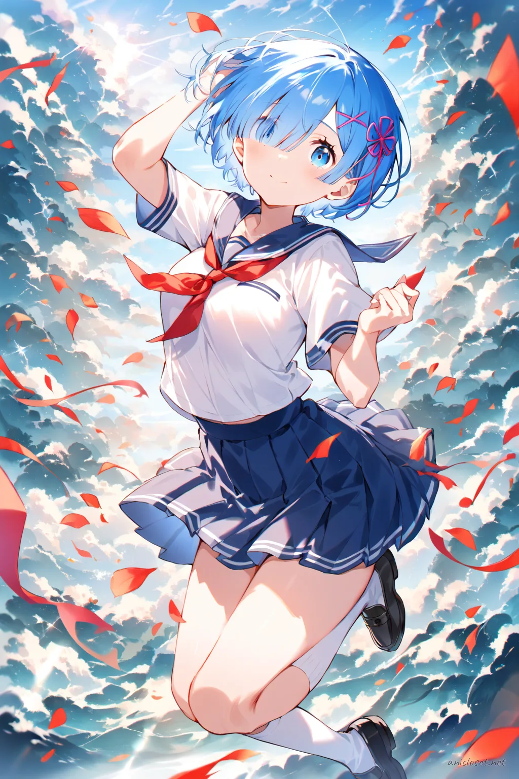 Illustration of Rem in navy sailor collar, white short-sleeve blouse, red neckerchief, navy pleated skirt, white knee-high socks, and black loafers, knee-up half-body view with soft studio lighting