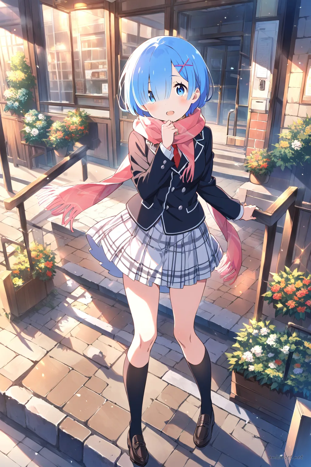 Illustration of Rem from Re:Zero wearing a black blazer winter uniform with scarf and knee socks in a knee-up half-body pose under soft studio lighting