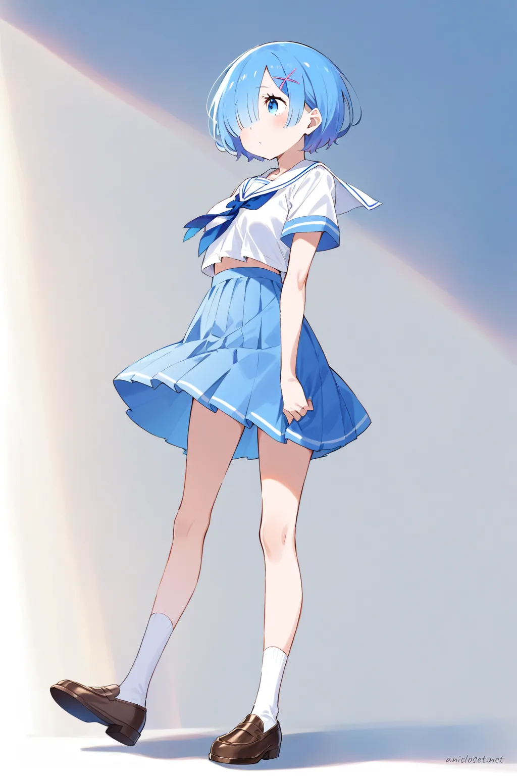 Full-body three-quarter view illustration of Rem wearing a summer sailor school uniform with short sleeves, blue collar, red ribbon, pleated navy skirt, knee socks, and brown loafers on a clean background