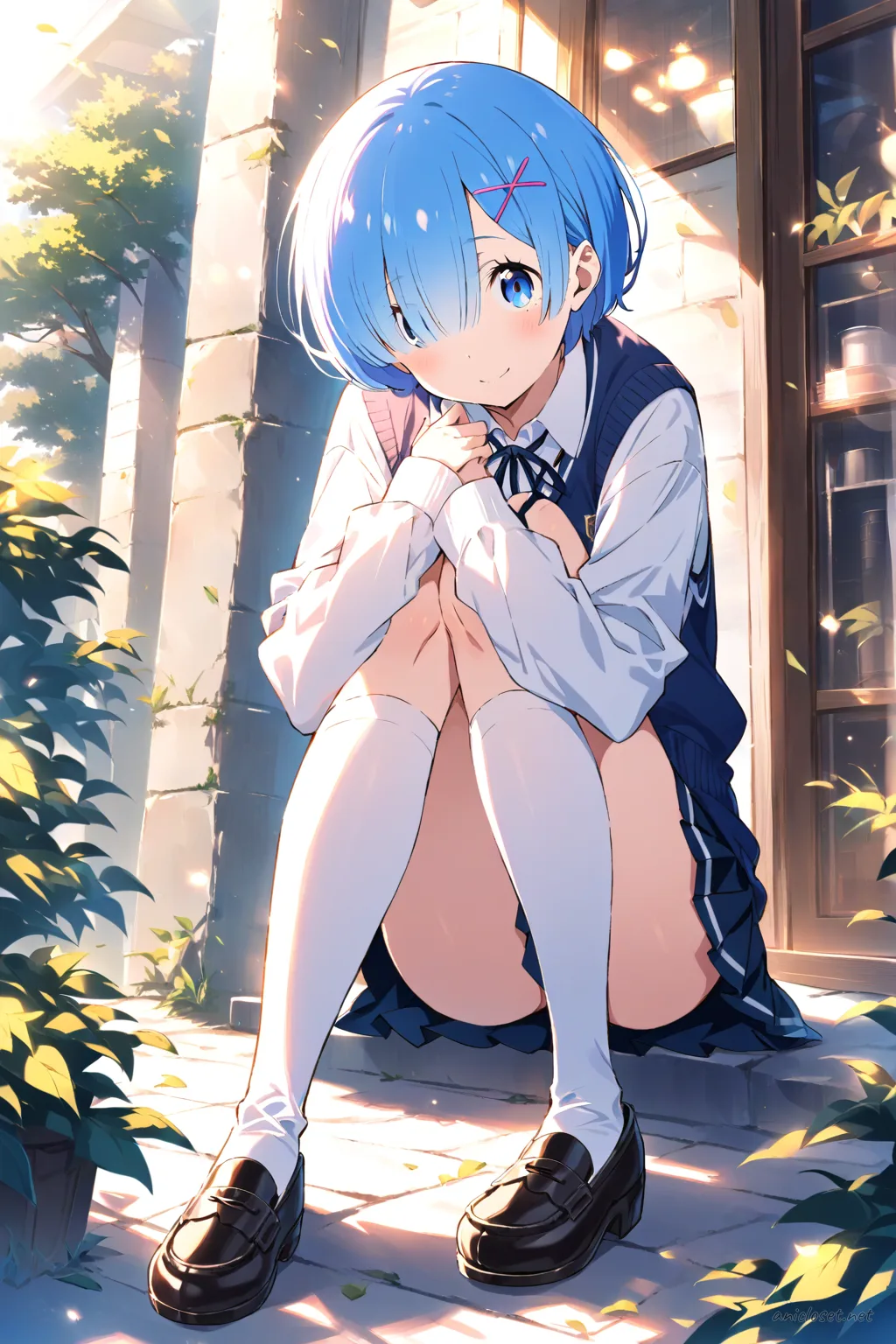 Full-body three-quarter view illustration of Rem wearing a navy blue sweater vest over a white long-sleeve button-up shirt, pleated navy blue school skirt, white knee-high socks, and black loafers, standing against a clean studio background