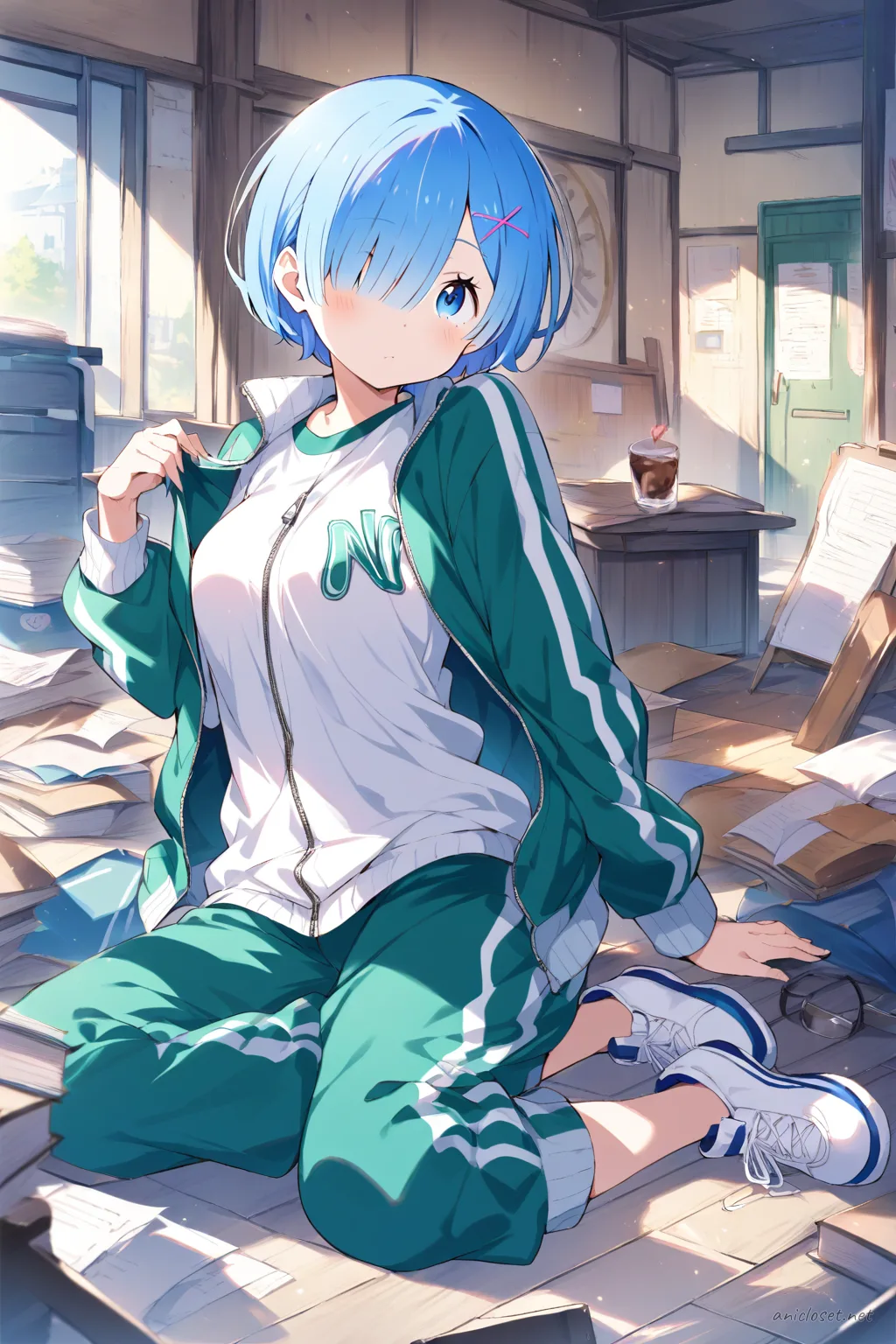 Full-body three-quarter view illustration of Rem wearing a gym tracksuit jacket and pants with a school jersey and white sneakers on a clean background