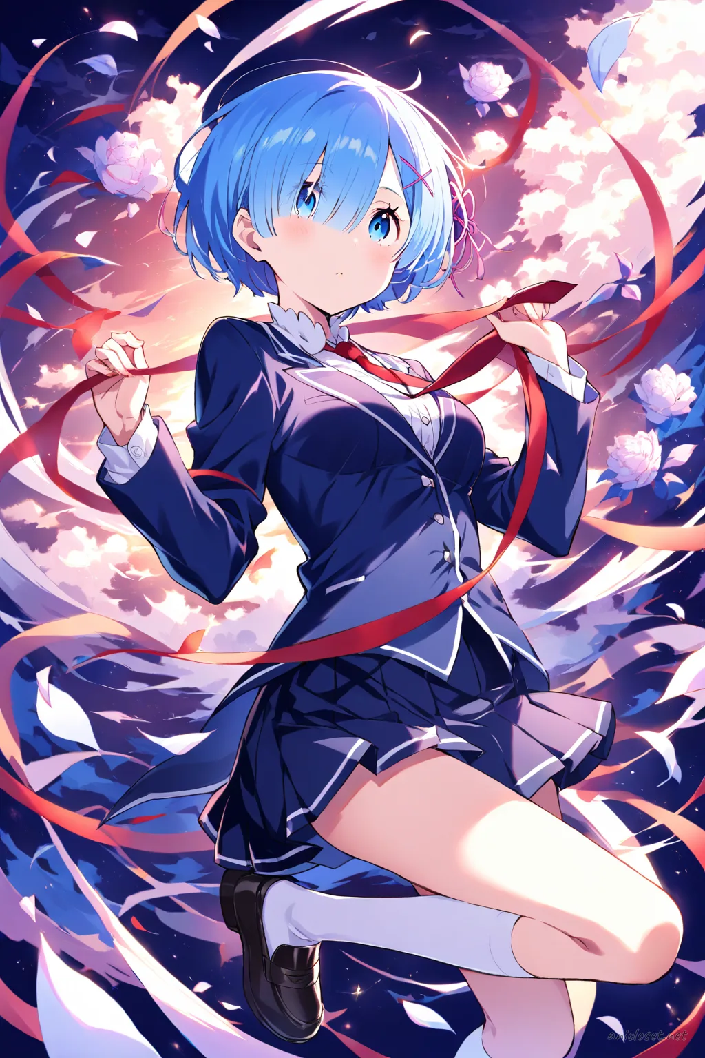 Full-body illustration of Rem from Re:Zero in a formal school uniform with navy blazer, long pleated skirt, red ribbon necktie, white knee-high socks, and black loafers against a clean studio backdrop