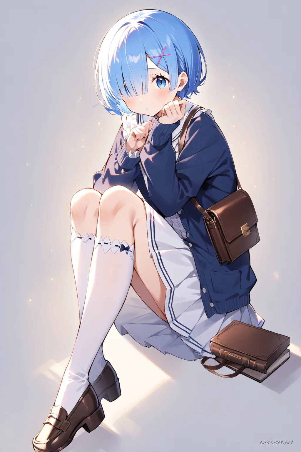 Full-body three-quarter view illustration of Rem wearing a white blouse, navy blue cardigan, pleated navy skirt, white knee-high socks, brown loafers, and carrying a brown leather book bag against a simple studio background