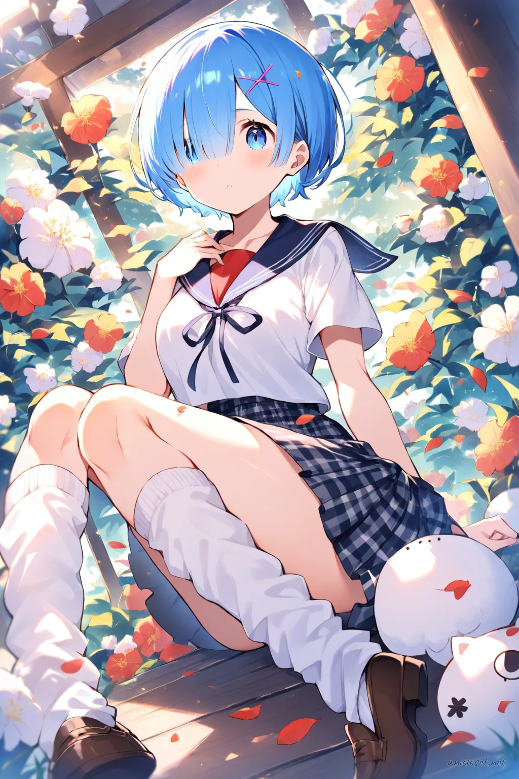 Illustration of Rem in a school uniform with a checkered pleated skirt, white short sleeve blouse, red neck ribbon, loose socks, and brown loafers, shown knee-up with soft studio lighting