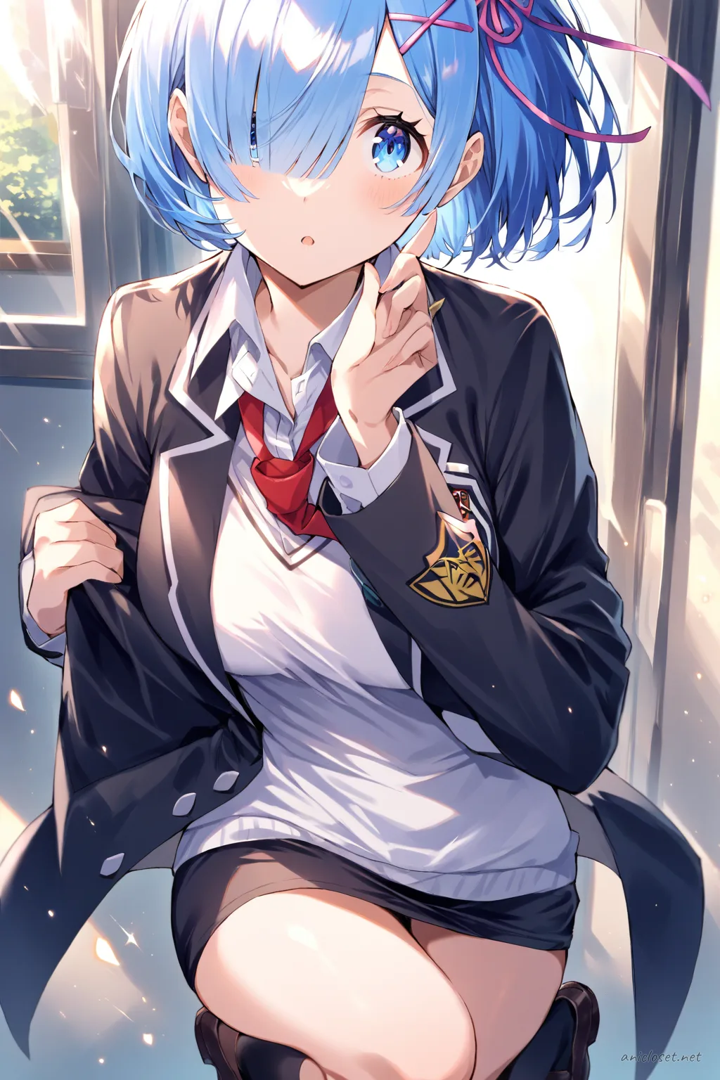 Full-body illustration of Rem in a private academy blazer with emblem, white dress shirt, red necktie, black pencil skirt, knee-high socks, and loafers, standing against a clean studio backdrop