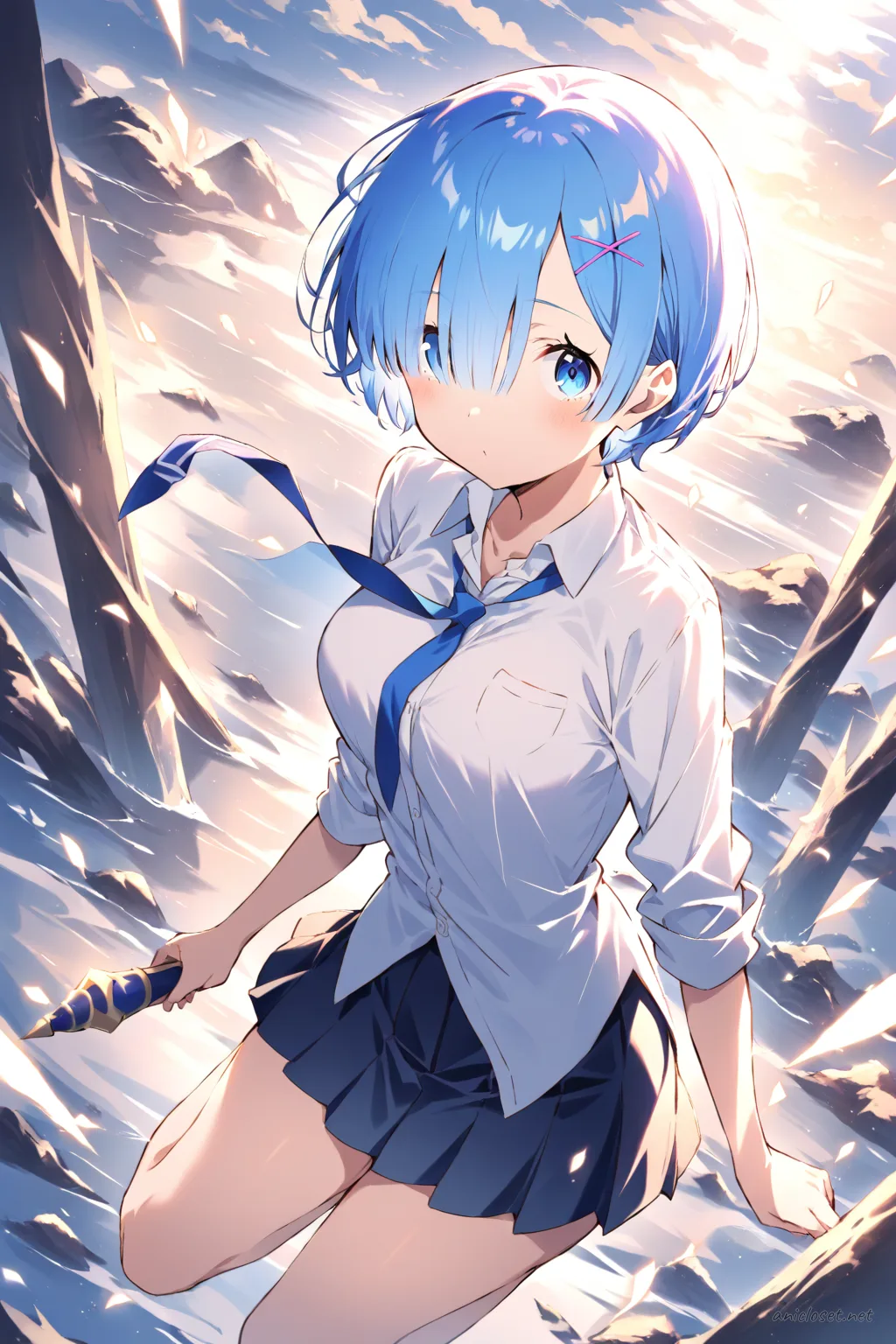 Full-body three-quarter view of Rem in a school outfit with undone navy necktie, rolled-up white shirt sleeves, navy pleated skirt, white knee socks, and black loafers
