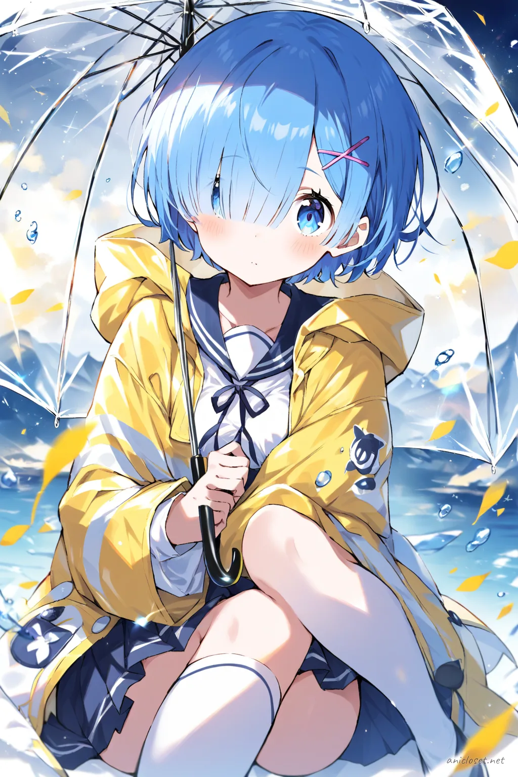 Full-body three-quarter view illustration of Rem wearing a Japanese school uniform with a sailor collar blouse, pleated skirt, knee-high socks, loafers, transparent hooded raincoat, and holding an umbrella against a simple background