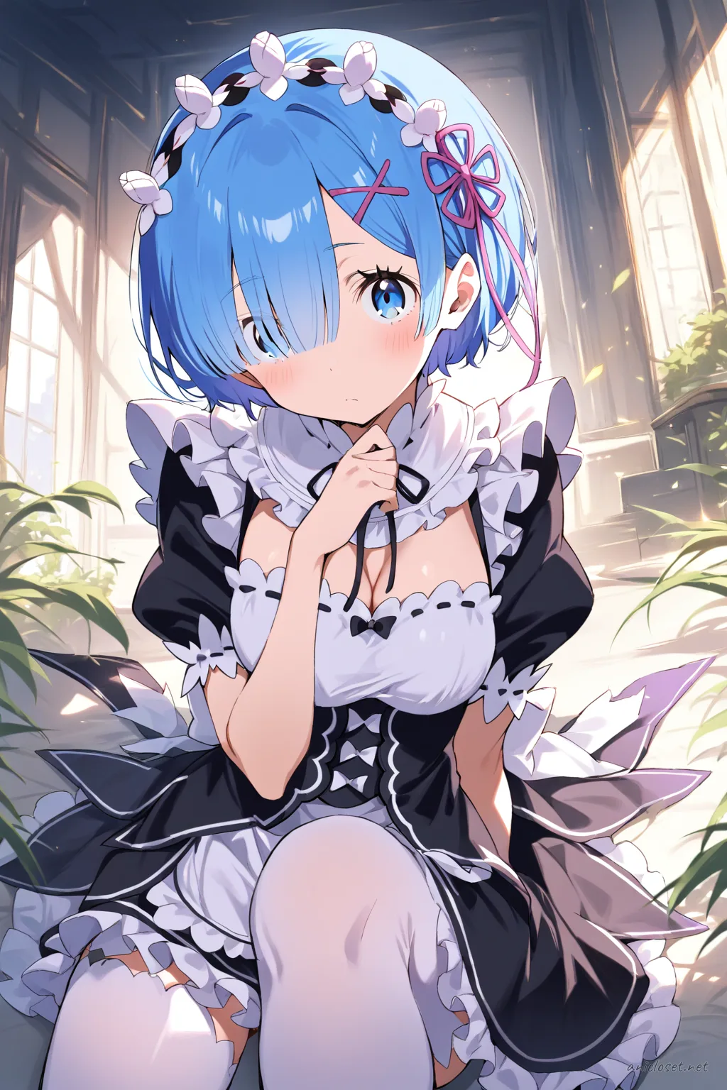 Full-body illustration of Rem from Re:Zero in her classic maid dress with frilled headband, apron, thigh-high socks, and Mary Jane shoes, standing against a clean studio backdrop