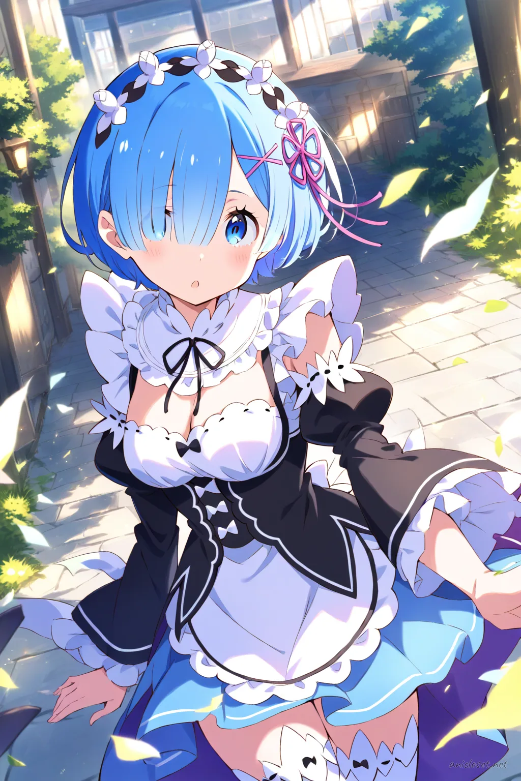 Full-body three-quarter view illustration of Rem from Re:Zero wearing a pastel blue maid dress with white apron, lace trim, puff sleeves, frilled collar, black ribbon bow, white thigh-high stockings, black Mary Jane shoes, white lace headband, and wrist cuffs against a simple studio background