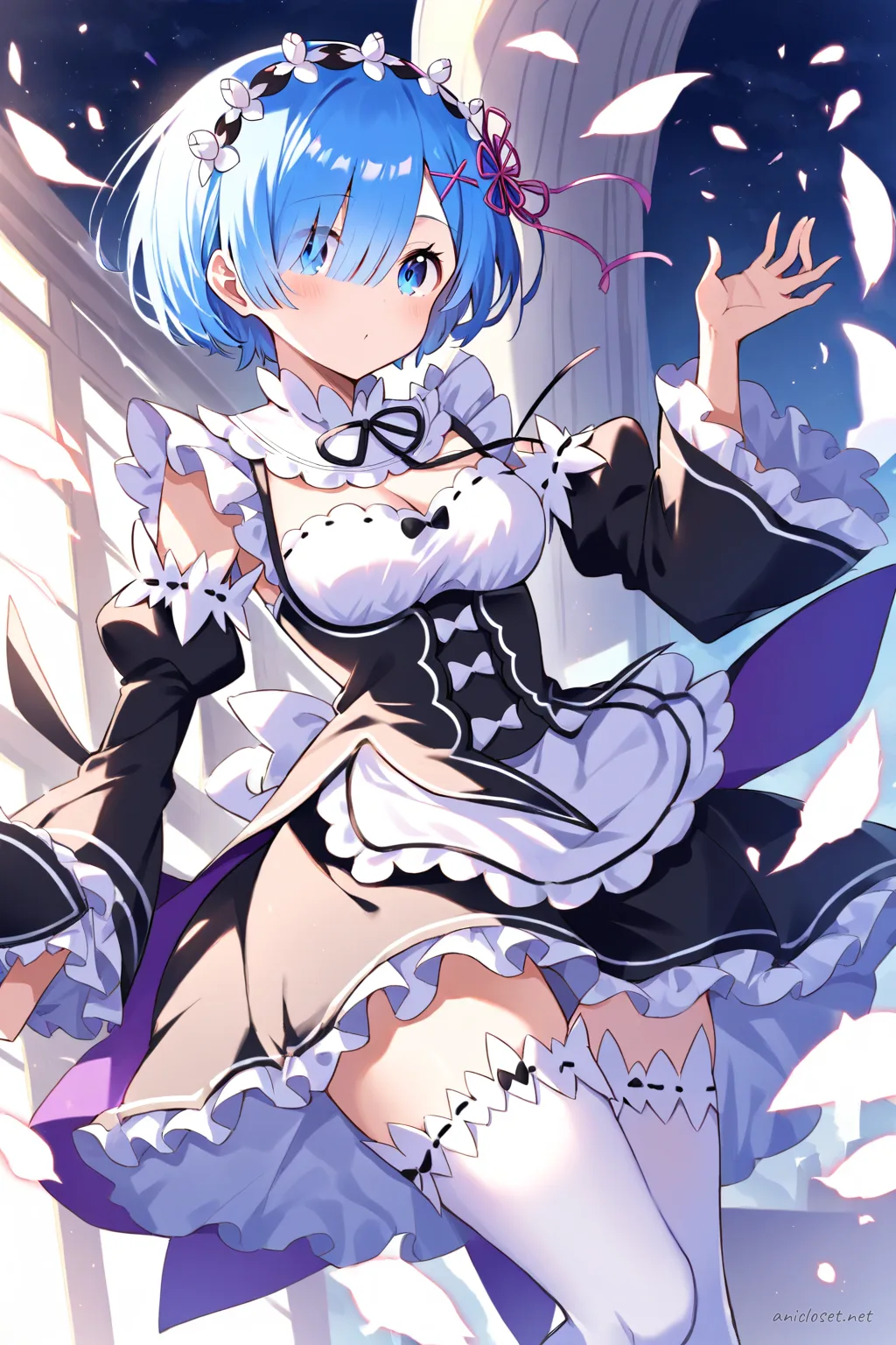 Full-body three-quarter view of Rem in her Signature maid dress with frilly apron, lace headband, knee-high stockings, and alternate black Mary Jane shoes with white ankle socks against a simple studio background