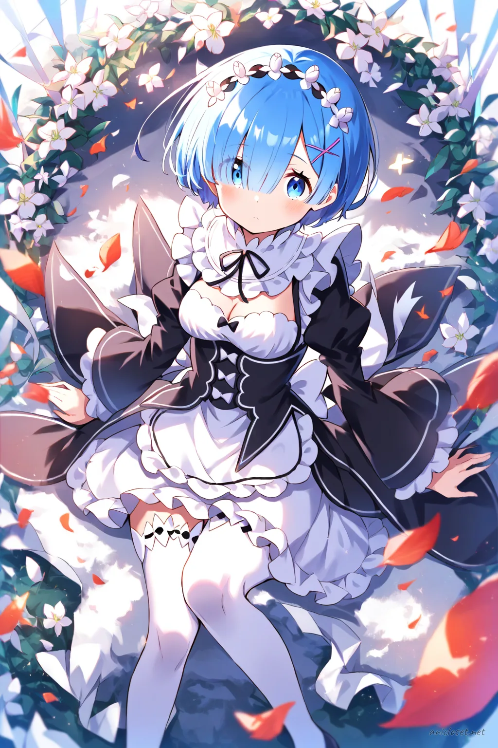 Full-body illustration of Rem from Re:Zero wearing her signature maid outfit with a black coat, standing against a clean studio backdrop