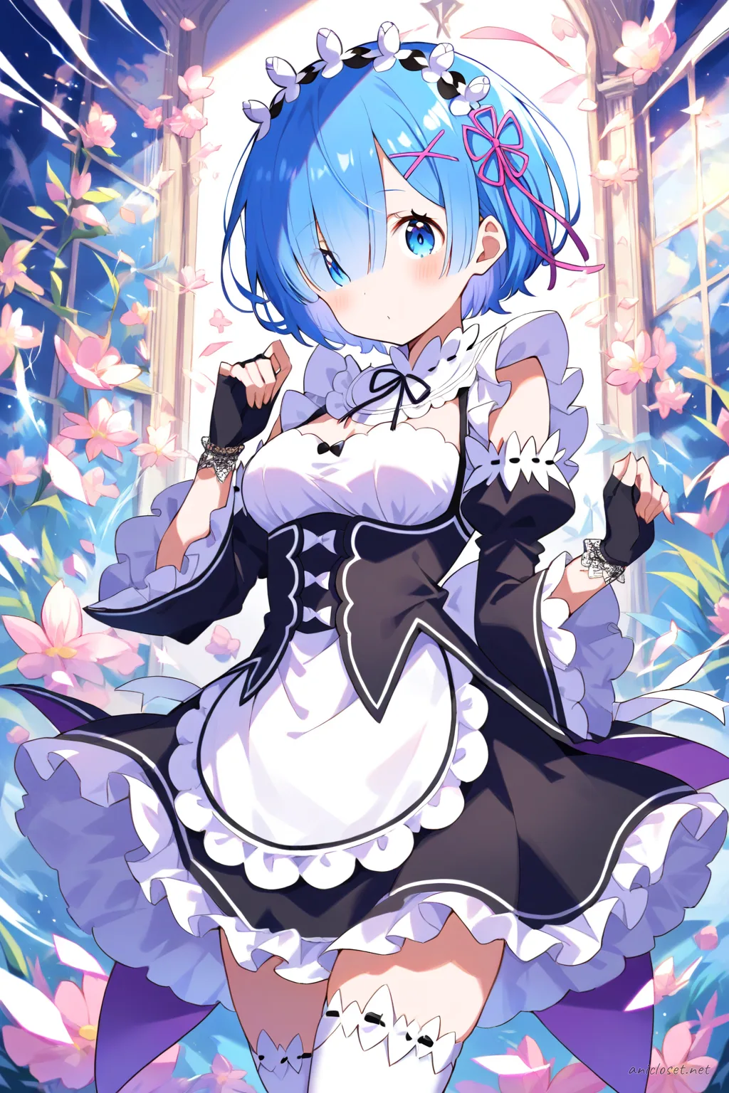Full-body illustration of Rem from Re:Zero in her Signature look variant 05, wearing a maid dress with white gloves, frilled apron, and mary jane shoes against a clean studio background