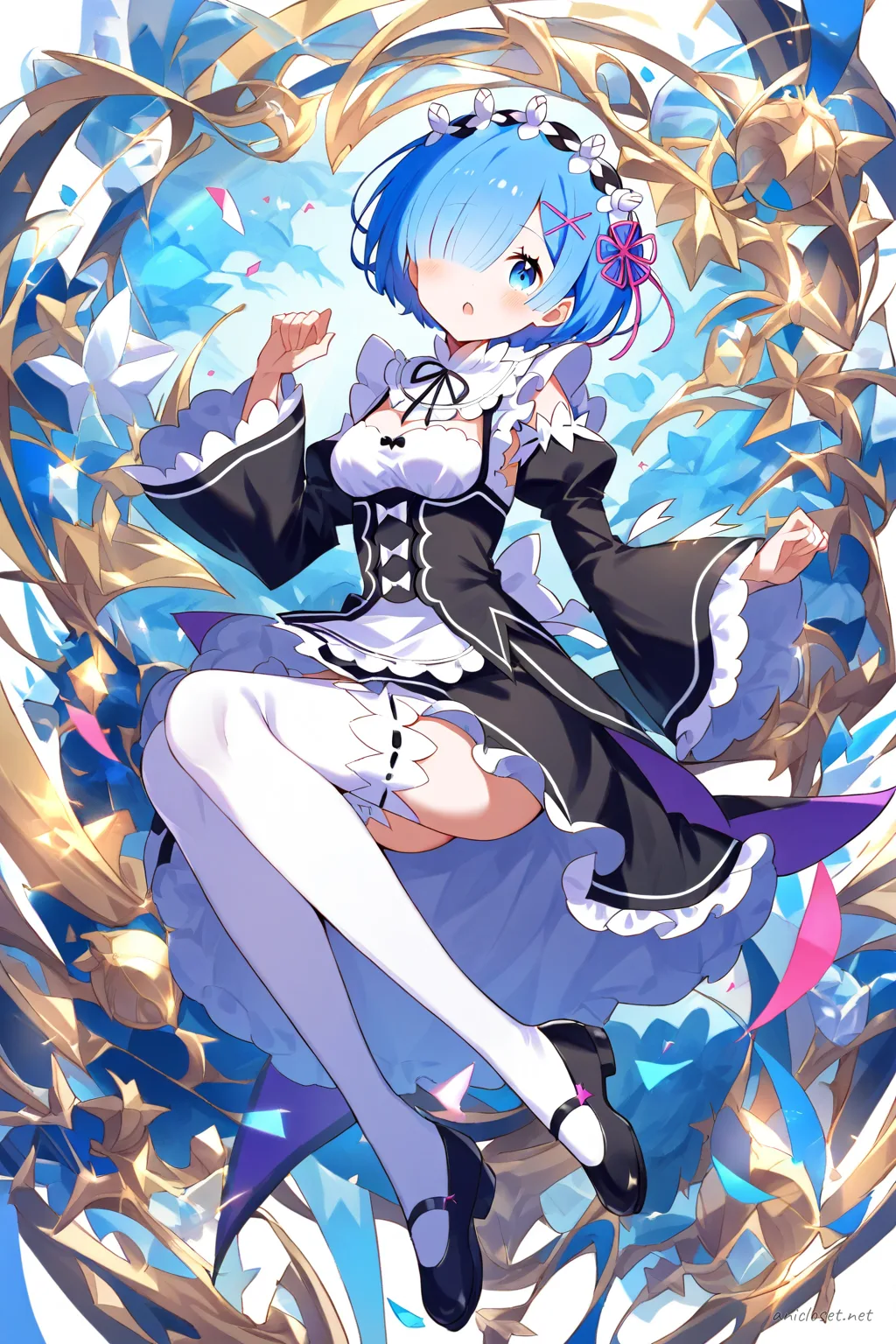 Full-body three-quarter view of Rem from Re:Zero wearing a black and white maid dress with a blue ribbon maid headdress, white apron with ruffles, black thigh-high stockings, and black mary jane shoes against a clean studio background