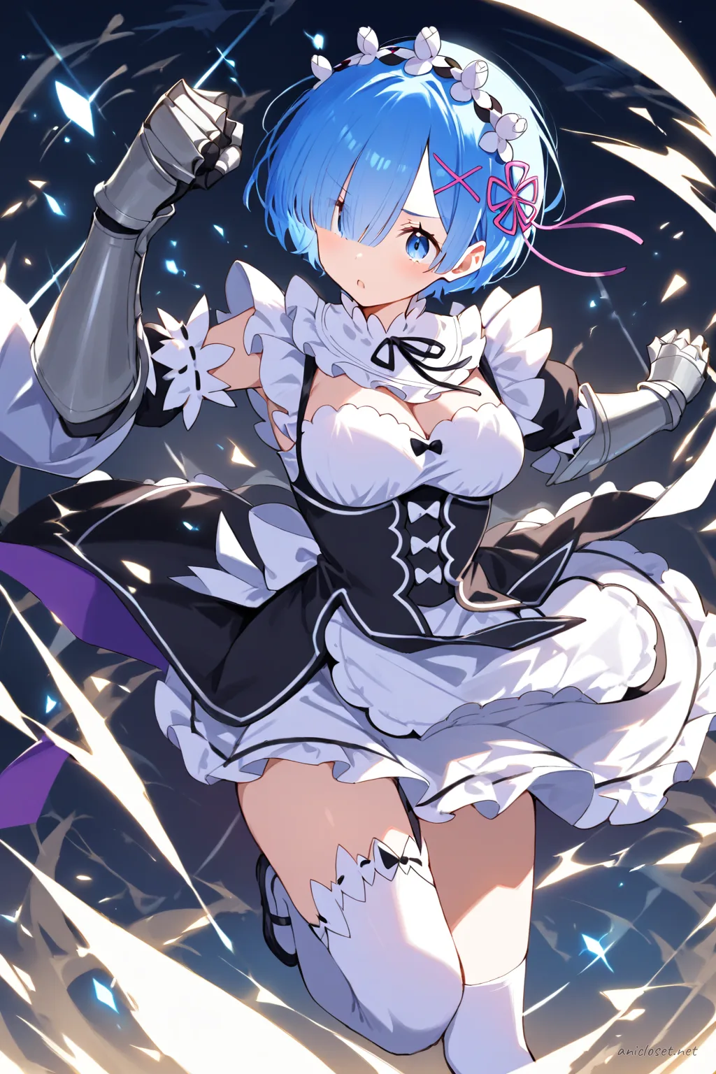 Full-body three-quarter view illustration of Rem in her Signature look variant 07 wearing a maid dress with frilled headband, armored gauntlets, thighhigh socks, and combat boots, set against a clean background