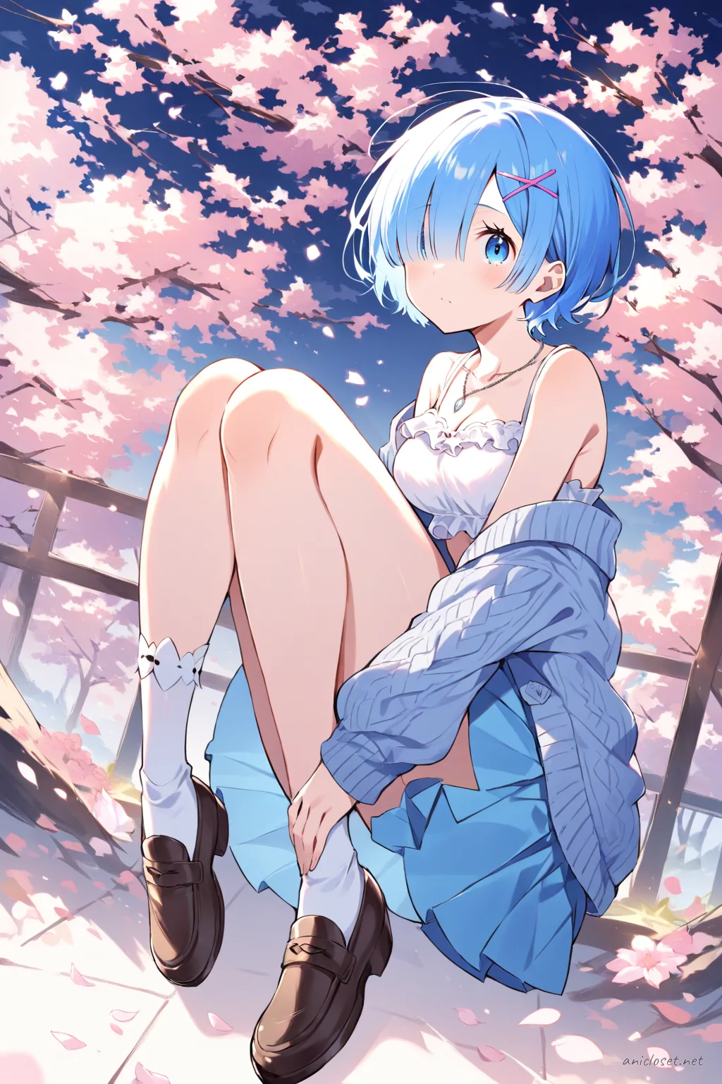 Full-body three-quarter view of Rem wearing a light blue soft knit cardigan, white camisole, pleated pastel blue skirt, white ankle socks, light brown loafers, and a small white hair ribbon