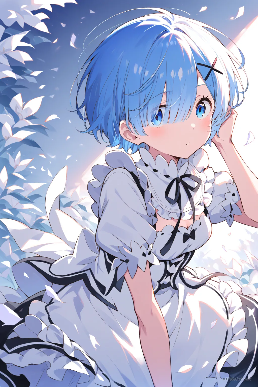 Full-body three-quarter view illustration of Rem from Re:Zero wearing her signature black and white maid dress with lace trim, puffed sleeves, white ruffled apron, black ribbon necktie, white frilled headband, black thigh-high stockings, and black Mary Jane shoes under evening studio lighting