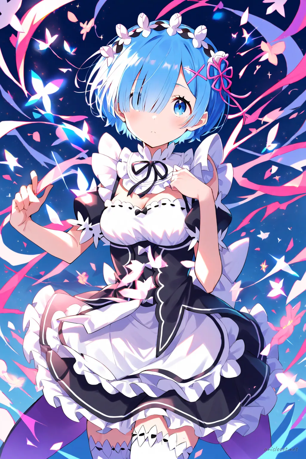 Full-body illustration of Rem from Re:Zero in her Signature look variant 10, wearing a frilled maid dress with puffed sleeves and wind-blown skirt, standing against a clean studio backdrop with black Mary Jane shoes visible