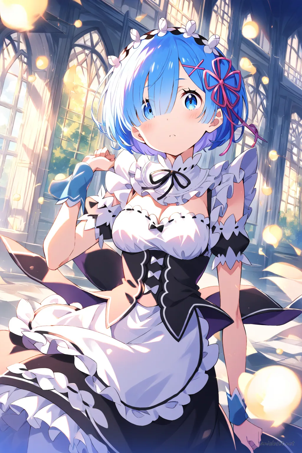 Rem seated in a frilled maid dress with maid headdress, puffed sleeves, white apron, black ribbon necktie, and thigh-high stockings under soft studio lighting