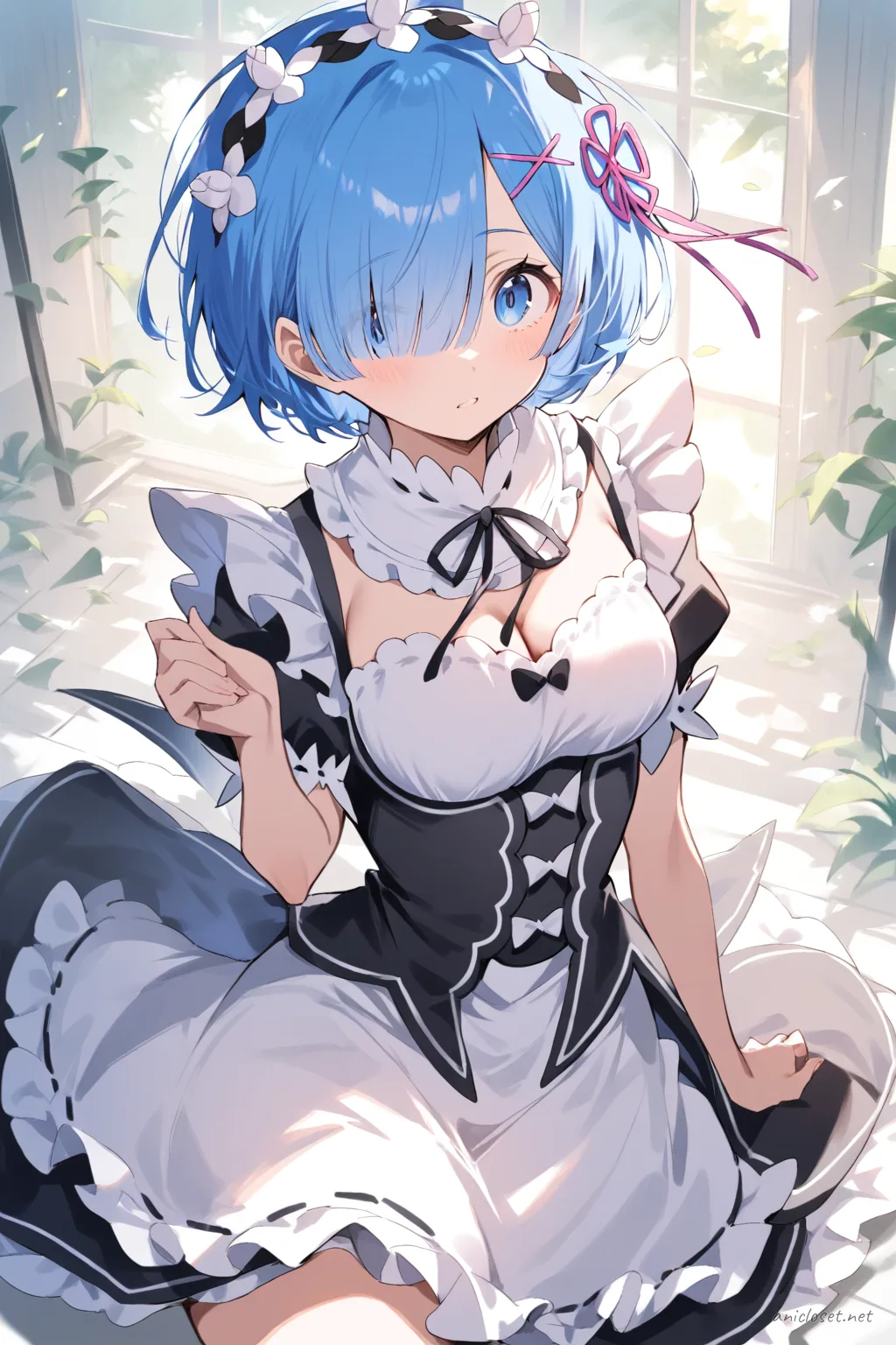 Full-body illustration of Rem in her Signature look variant 12, wearing a black and white maid dress with white frilled headband, standing in a three-quarter turn back-view pose against a clean studio background