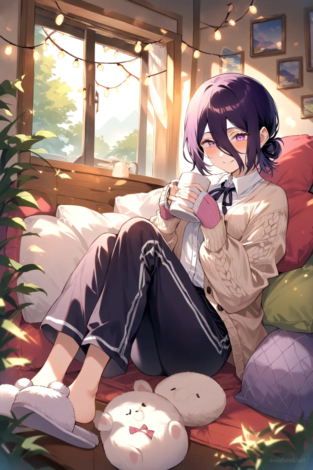 Illustration of Reze in a soft knit cardigan over camisole, plain lounge pants, and slippers sitting by a window holding a ceramic mug in warm afternoon light