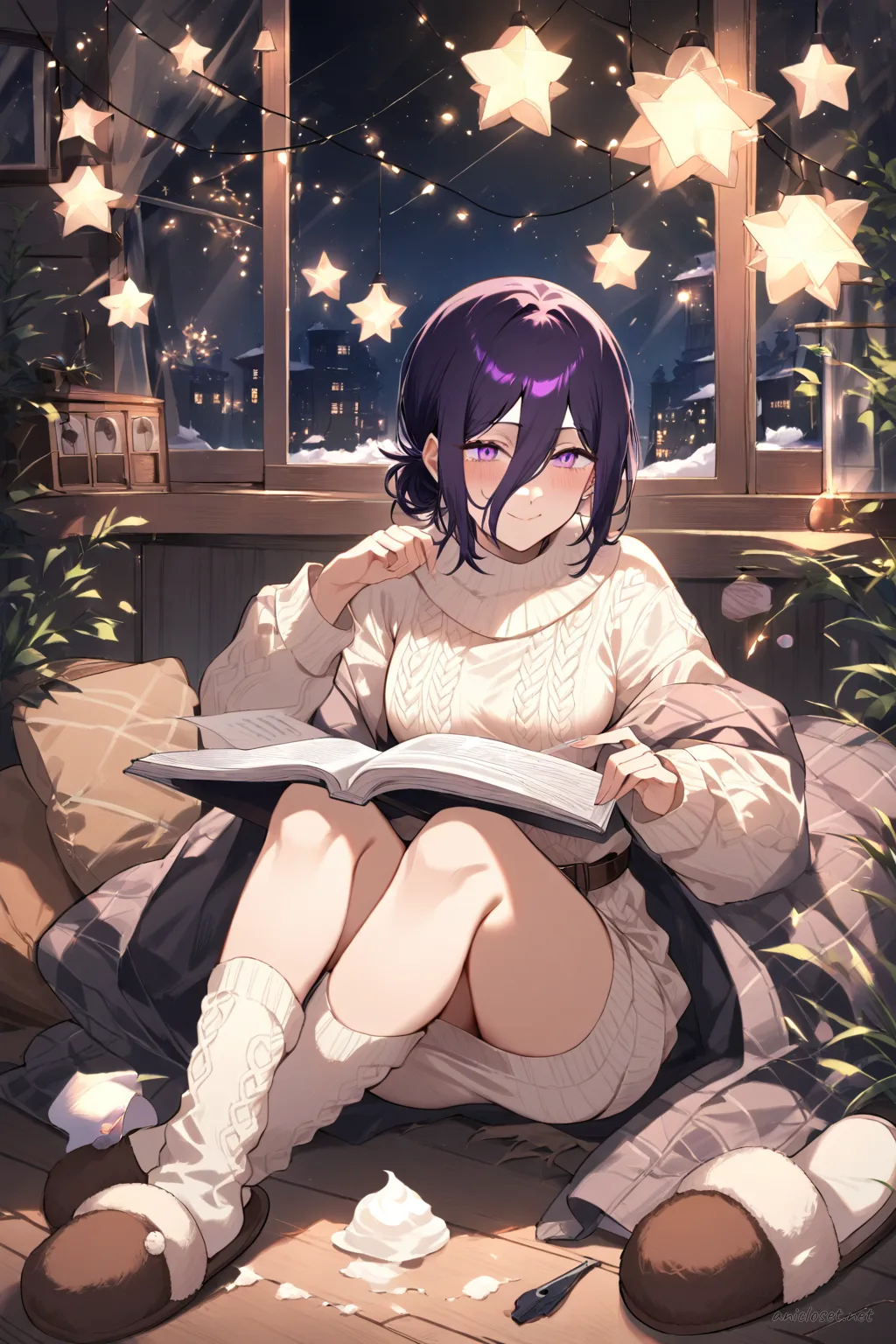 Illustration of Reze in a cream cable knit sweater dress with brown belt, fuzzy knee socks, and house slippers, curling on a sofa with an open magazine and throw blanket