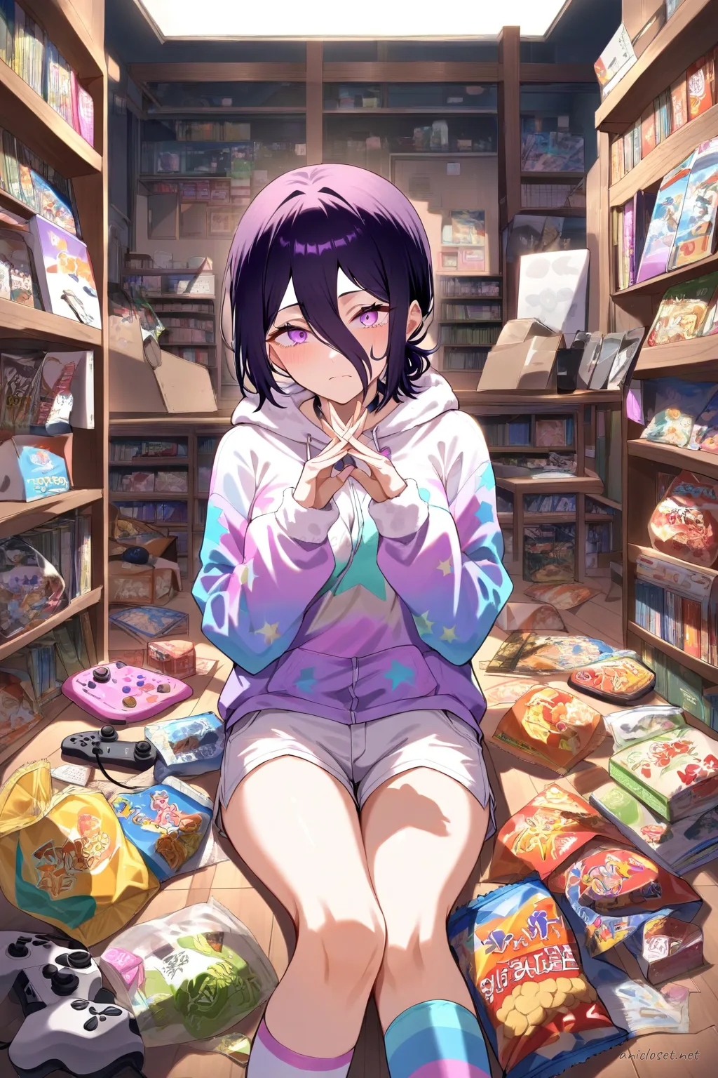 Illustration of Reze wearing a pastel star print fleece hoodie and white short shorts, sitting on a bedroom carpet with a game controller and snack bag