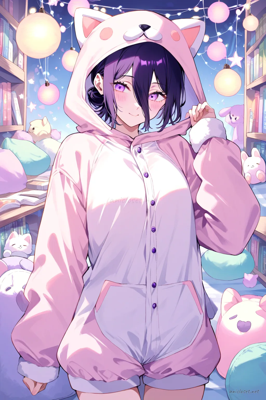 Reze wearing a pastel one-piece animal kigurumi pajama with plush costume-ear hood and paw cuffs, hugging a matching plush on a beanbag in a fairy-light room