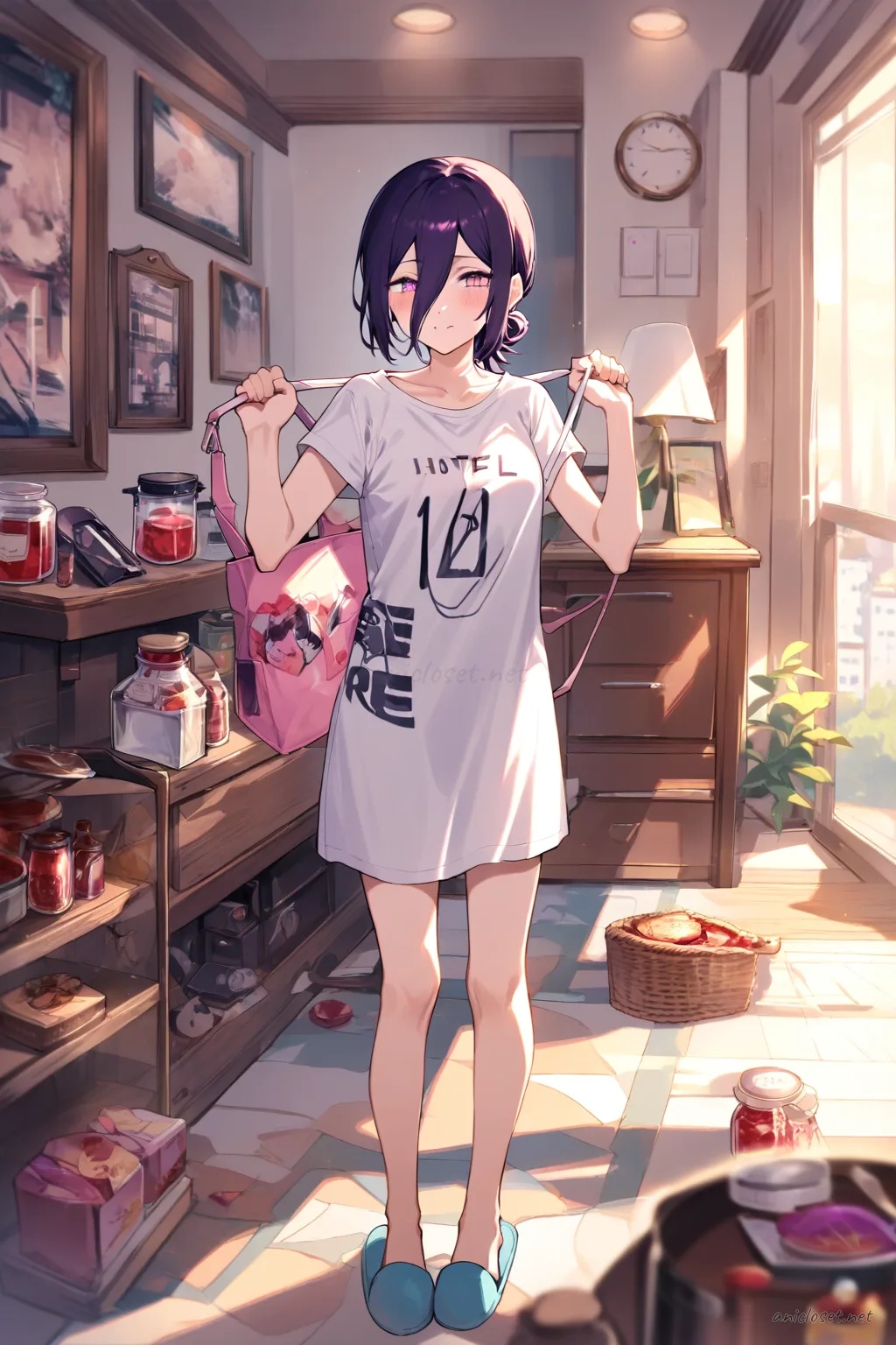 Full-body illustration of Reze in a satin robe layered over a graphic tee dress, wearing a hair clip and house slippers, leaning in a kitchen doorway holding toast and a jam jar