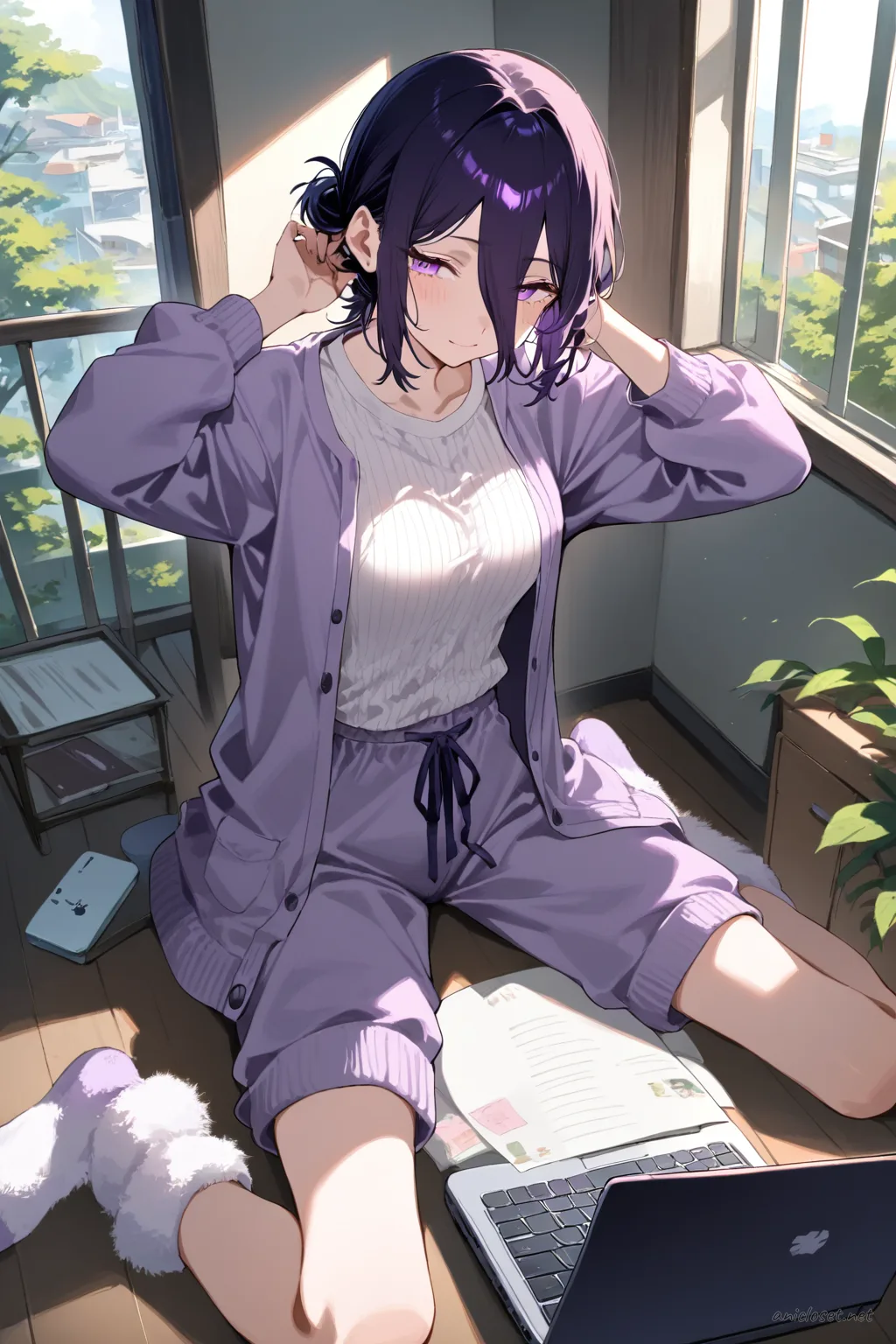 Reze in Lounge #06 outfit, anime lookbook illustration