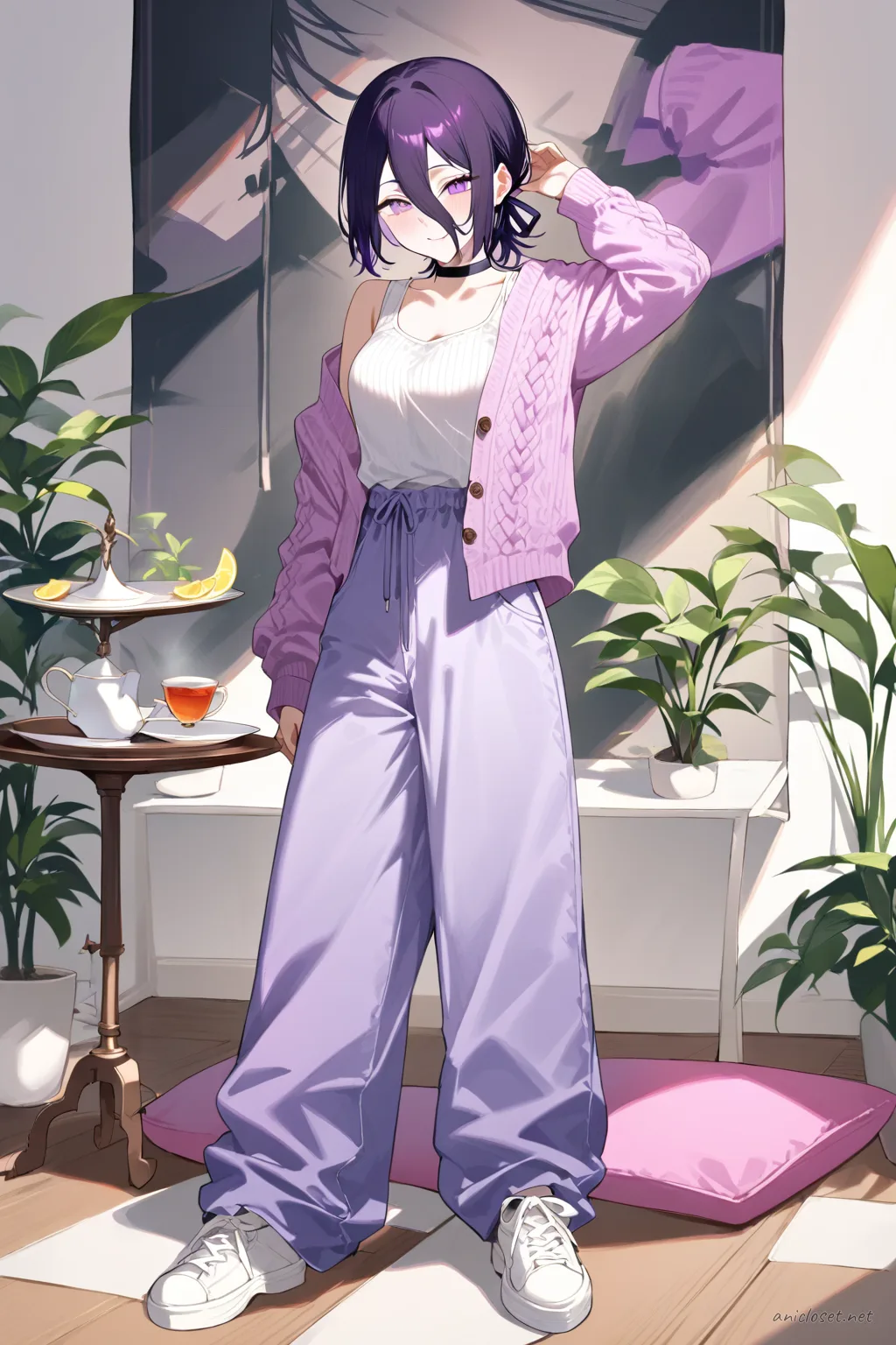 Illustration of Reze seated cross-legged on a floor cushion wearing a soft knit tank top, short cardigan, wide pastel pants, hair ribbon, with a tea tray and indoor plants
