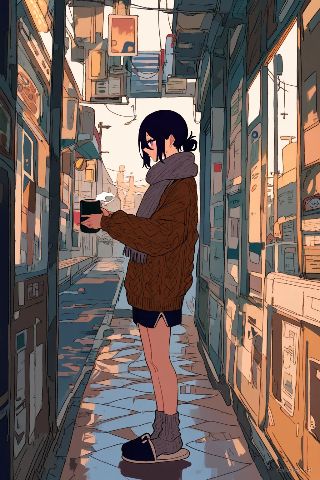 Full-body illustration of Reze standing in a long knit tunic over patterned leggings, wearing a chunky knit scarf and wool socks, holding a ceramic mug, with rain-streaked glass behind