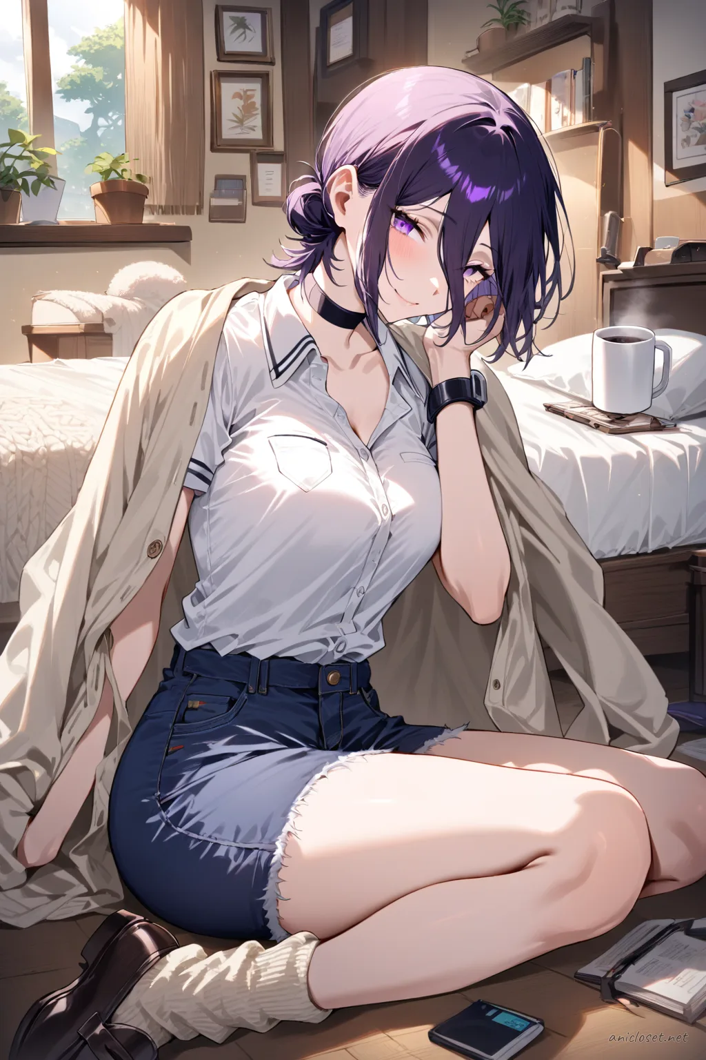 Illustration of Reze in a front-facing cowboy shot wearing an oversized white button-up shirt with rolled-up sleeves, light denim short shorts, a knit towel turban, barefoot, brushing hair at a vanity mirror with soft sunrise lighting