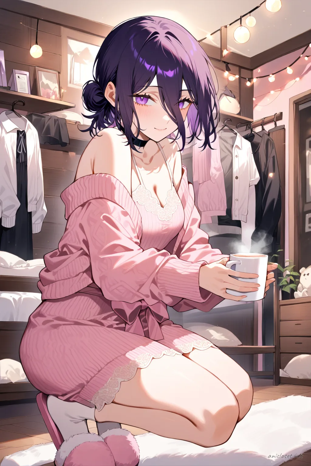 Illustration of Reze in a soft pink knit lounge dress with ribbon waist and lace hem, wearing fluffy slippers, holding a mug in a bedroom with hanging clothes and string lights