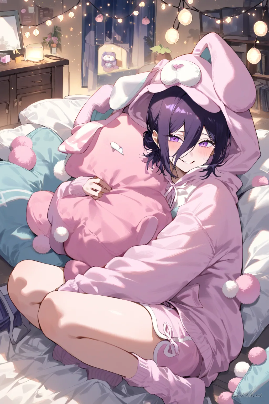 Illustration of Reze wearing a pastel pink animal pajama hoodie with plush pig ears, matching shorts, fuzzy white socks, holding a pillow fort blanket in a living room