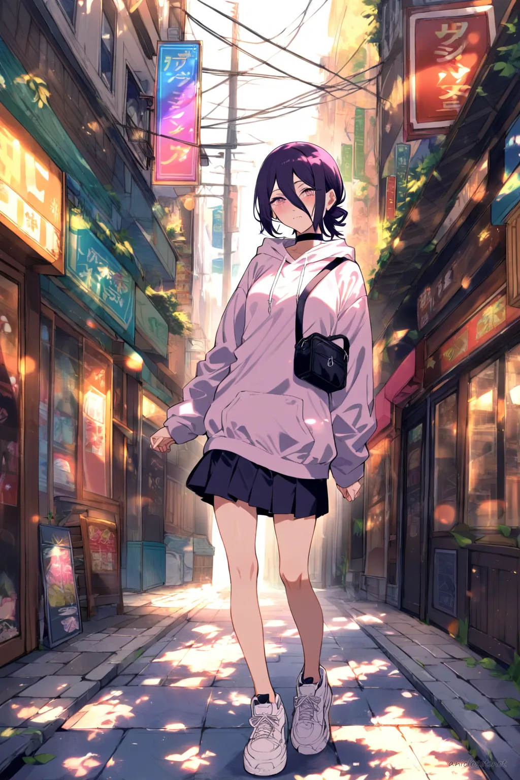 Illustration of Reze walking mid-stride on a quiet sunlit shopping street wearing an oversized pastel hoodie, pleated mini skirt, striped thighhigh socks, sneakers, and a crossbody bag