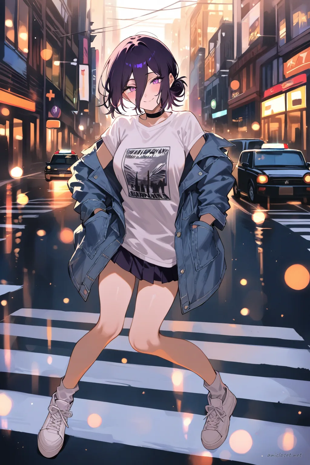 Reze in Street casual #02 outfit, anime lookbook illustration