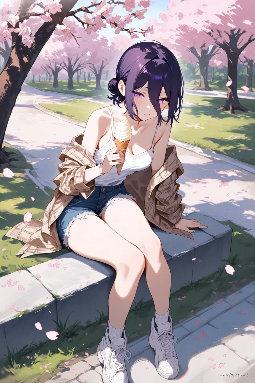 Illustration of Reze sitting on a curb wearing a plaid shirt layered over a camisole, denim shorts, and white sneakers, with cherry trees and a park path in the background