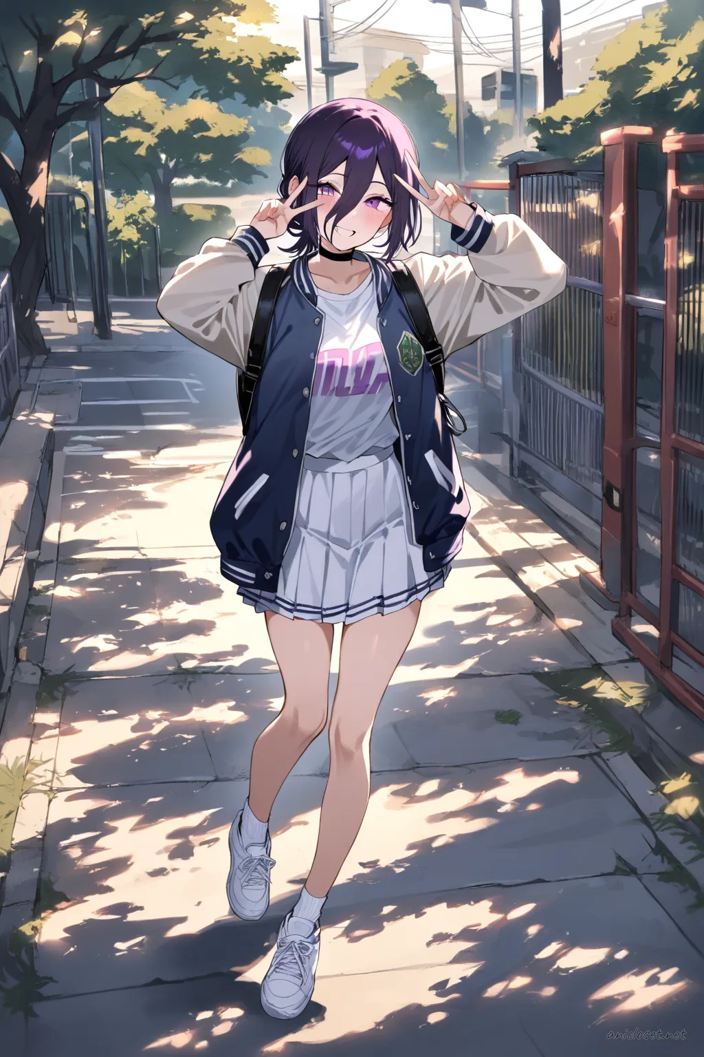 Illustration of Reze wearing a varsity jacket, tennis skirt, over-the-knee socks, and sneakers, posing with a peace sign outside a school gate with bike racks and late-afternoon shadows