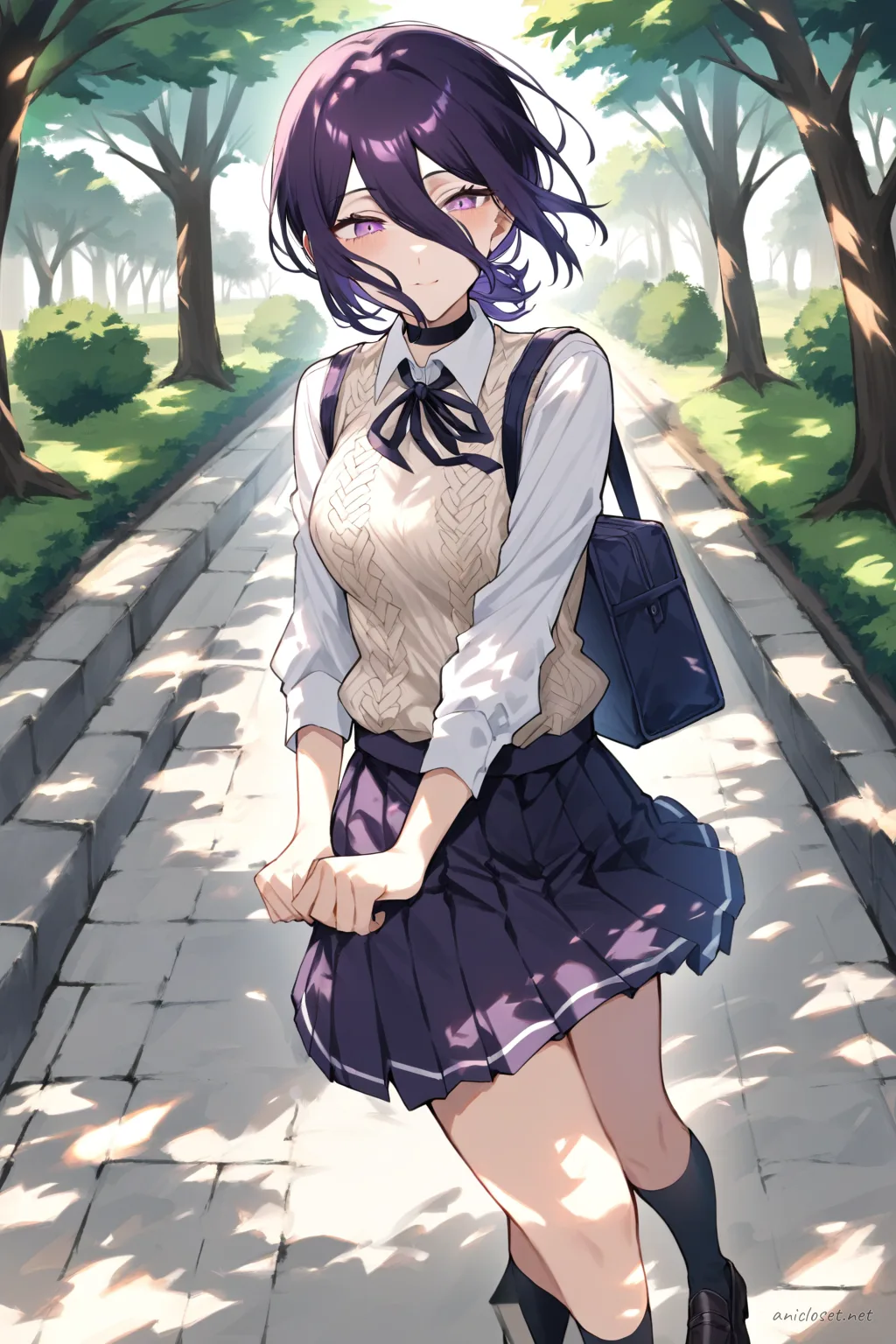 Illustration of Reze wearing a cropped varsity jacket, ribbed tank top, micro tennis skirt, crew socks, and sneakers leaning on a skate-park rail in late afternoon light