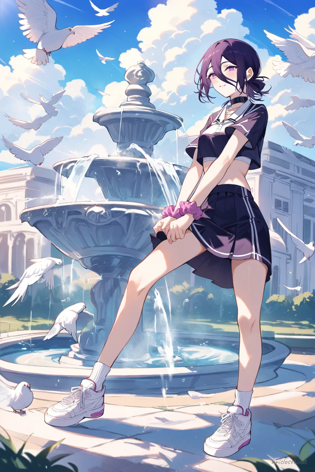 Illustration of Reze in street casual outfit with white cropped tee, black tennis skirt, white sneakers, and black scrunchie, twirling in an open plaza with pigeons under a bright sky